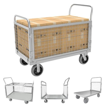 Folding Platform Truck Cart with Cage, Flat Cart with Wheels and Handle, Flat Bed Dolly Can Load 1500 Pounds, Flat Rolling Cart with 6In Swivel Heavy Duty Brake Caster (35.4 inches in length)