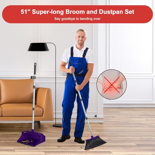 Broom and Dustpan Set for Home, 51" Long Handle Standing Dustpan Purple - color: Purple