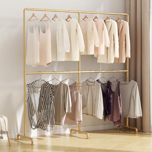 Industrial Pipe Clothing Rack, Heavy Duty Metal Clothes Rack with Double Rods, Freestanding Garment Rack for Bedroom Boutique Retail Use - color: gold-78''
