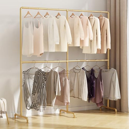 Industrial Pipe Clothing Rack, Heavy Duty Metal Clothes Rack with Double Rods, Freestanding Garment Rack for Bedroom Boutique Retail Use - color: gold-78''