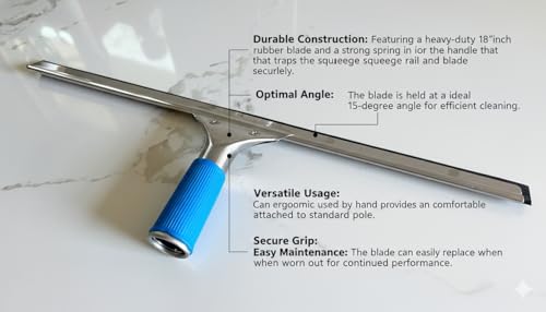 18-Inch Heavy-Duty Window Squeegee with Rubber Blade, Ideal 15 Degree Angle. Color Blue