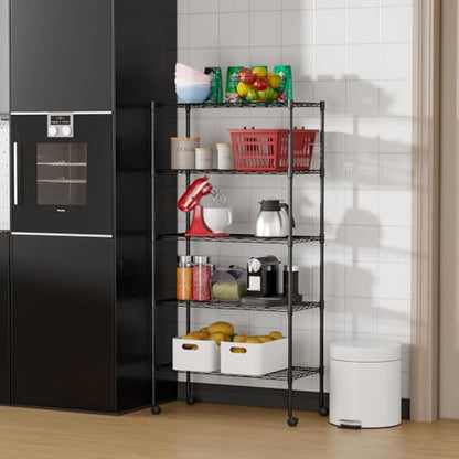 FDW | 5-Tier Wire Shelf with Wheels | 30" x 14" x 61" | Black - color: Black, size: 5-Shelf With Wheels