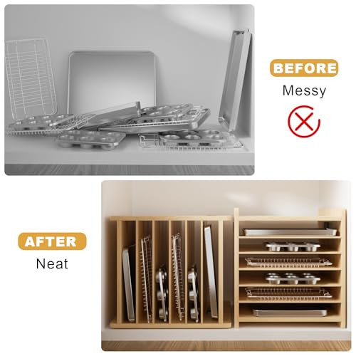 7 Tier Wooden Tray Dividers for Cabinets Cookie Sheet Organizer for Pot, Pans, Baking Tray Organizer for Kitchen Documents Storage(20" W x 16.5" H x 15.2" D) - size: 20" W x 16.5" H x 15.2" D