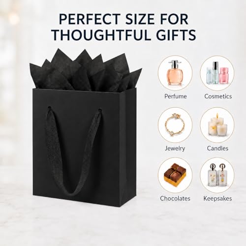 Treelement 22 Pack 4.7×2.3×6.3 Inch Small Black Gift Bags with Tissue Paper - color: Black