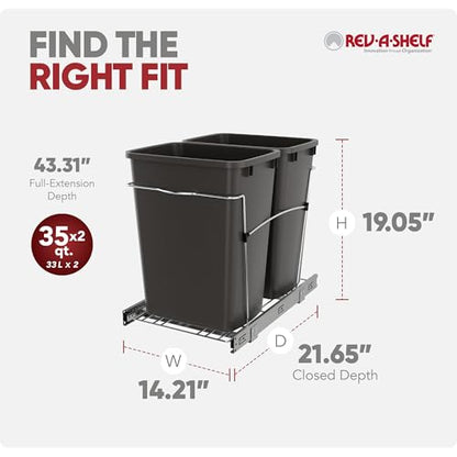 Rev-A-Shelf RV-18KD-13C-S Double Pullout Trash Can for Kitchen Cabinets 35 Quart Garbage Recycling Bin on Full Extension Slides, Gray - color: Dark Gray