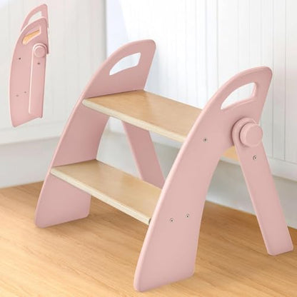 Wooden 2 Step Stool for Toddlers, Foldable 2-Step with Non-Slip Pads and Handles, Bamboo Step Stool for Kids Bathroom Sink and Potty Training, Kitchen Helper, Nursery Bedroom (Pink) - color: Pink
