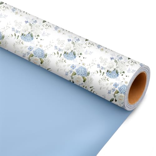 Cuitpan Reversible Floral Wrapping Paper Roll – Blue Hydrangea & White Rose, Light Blue on Back Side, Gift Wrap for Wedding, Bridal Shower, Anniversary, Mother's Day, Birthday, 17 Inches x 16.5 Feet - color: Floral-Blue