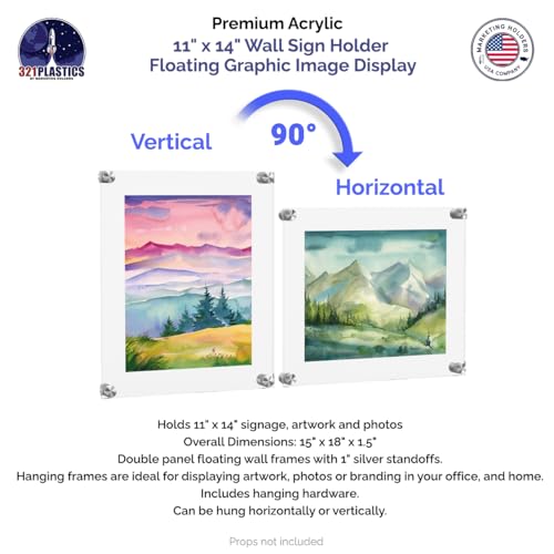 Marketing Holders Wall Poster Holder Floating Clear Acrylic Graphic Image Display Holds 11 x 14 with Silver Standoffs Overall Dimensions: 15" x 18" x 1.5" Large Certificate Display - size: 11 x 14 inches