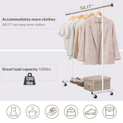 VICERII Clothes Rack, 130LB Capacity Heavy Duty Clothing Rack with Wheels and Bottom Shelf, 52.17 Inch Rolling Racks for Hanging Clothes, Coats, Shirts, Sweaters, Skirts, Dress, White - color: Matte White, size: Single