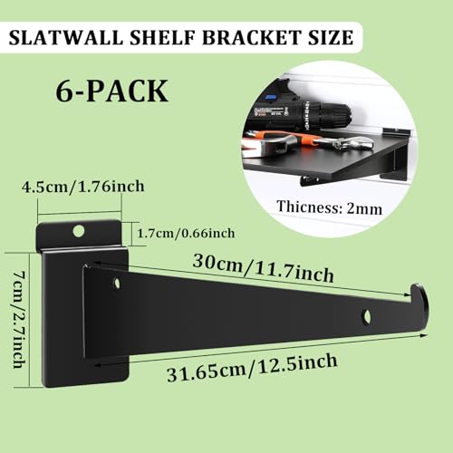 12 Inch SlatWall Shelf Brackets with Lip, Black, 6 Pack - size: 12inch-6pcs