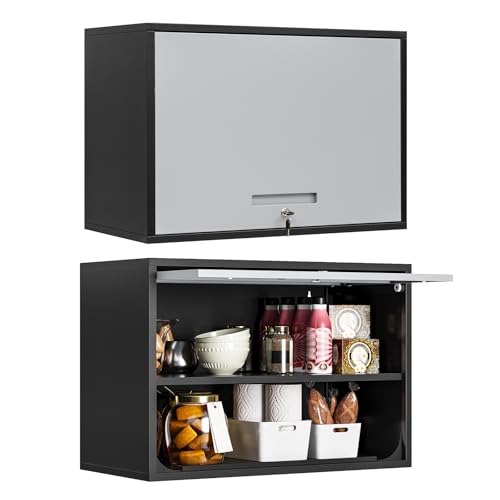 MIIIKO Wall Cabinet with Door and Shelf, Wall Mounted Garage Storage Cabinets, Locking Metal Floating Cabinet for Garage, Home Office, Kitchen and Pantry - color: Black Grey, size: 16"D x 32"W x 22"H