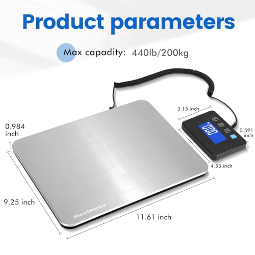 MaxWorks Digital Platform Scale 440 lb Capacity Stainless Steel Shipping Scale USB-C Rechargeable with LCD Display for Packages Luggage & Warehouse Use 51076 - size: 440 Lb Capacity