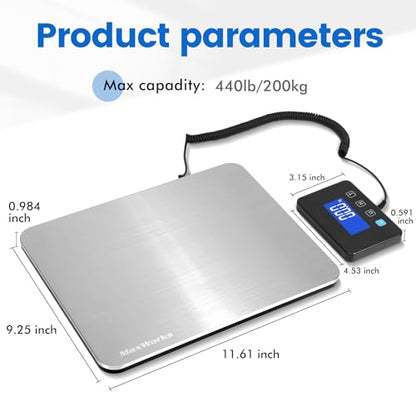 MaxWorks Digital Platform Scale 440 lb Capacity Stainless Steel Shipping Scale USB-C Rechargeable with LCD Display for Packages Luggage & Warehouse Use 51076 - size: 440 Lb Capacity