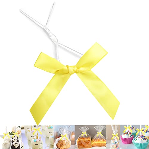 50 Pack 3" Satin Twist Tie Bows, Twist Bows for Treats, Ribbon Bows with Twist Ties Gift Wrap Bows, Pretied Bows Ties for Cake Pops, Baby Shower, Sweets Packaging, Party Favors, Gifts (Yellow) - color: Light Yellow, size: 50 Pack
