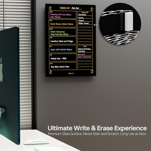 Yeoux Black Glass Golden Weekly & Menu Dry Erase Calendar Board 15“x11 - color: Black, size: 11"W x 15"H