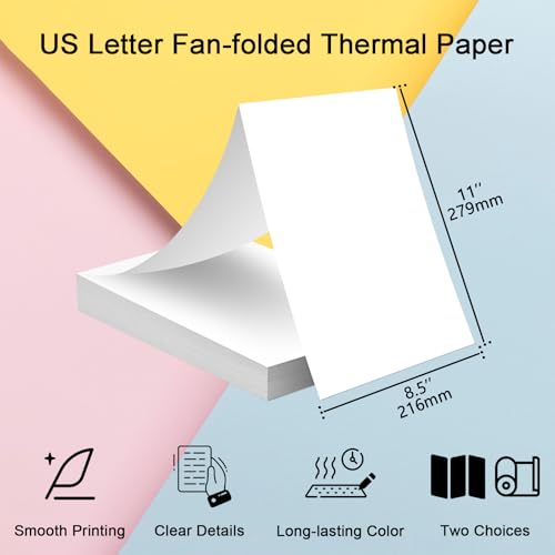 8.5 x 11 Inch US Letter Size Thermal Printer Paper, Quick Drying Fan-Folded Thermal Paper, Compatible with MT610, M08F, D810, M832, M08E, A285M, A40, A80, A81, PR20, iDPRT HPRT PRT (200 Sheets) - size: US Letter-220 Fold