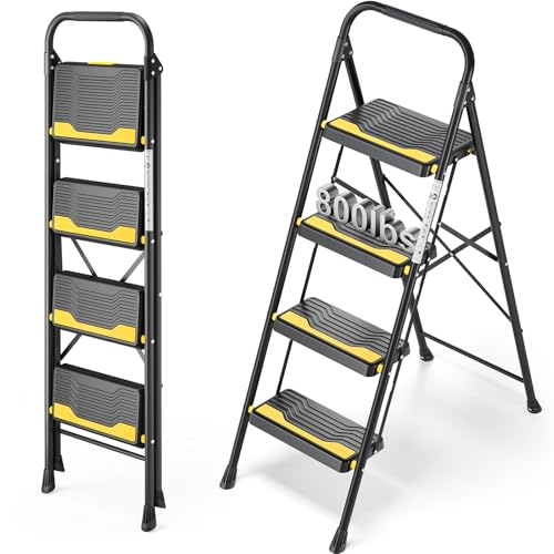 Urackify 4 Step Ladder, Heavy-Duty Pass 800lb Capacity Test, Wide Anti-Slip Steps & Secure Handrail Compact, Folding Step Stool Portable Design for Home, Kitchen, Office, Pantry, Closet Use, Black - size: 4-step