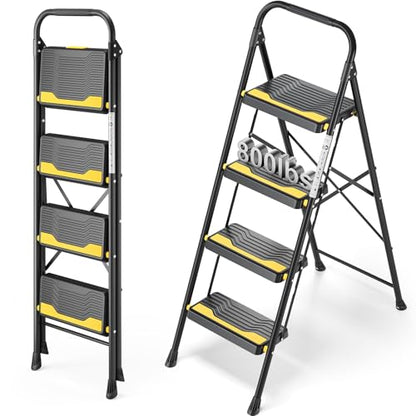 Urackify 4 Step Ladder, Heavy-Duty Pass 800lb Capacity Test, Wide Anti-Slip Steps & Secure Handrail Compact, Folding Step Stool Portable Design for Home, Kitchen, Office, Pantry, Closet Use, Black - size: 4-step