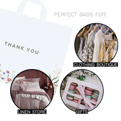 Purple Q Crafts Thank You Bags for Business and Stores 50 Pack 15" W x 12" H Floral Plastic Shopping Bags With Soft Loop Handle - size: 15" x 12"