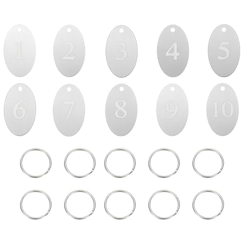 PATIKIL 10PCS Number Tags 1-10, Number Key Tags Aluminum Numbered Keychain Metal Oval with Key Rings for Organizer Field Sales Hangers Clothes Labels ID, Silver - color: Silver