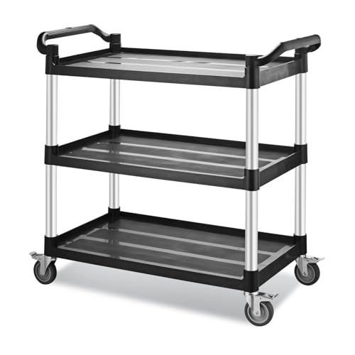 Utility Rolling Carts with Wheels, Large Size Plastic Service Carts, Heavy Duty Restaurant Cart with 4 Lockable Brake Wheels for Kitchen/Office/Warehouse (3 Tier - 34×17×37inches / 510lbs) - size: 3 Tier - 34×17×37inches / 510lbs