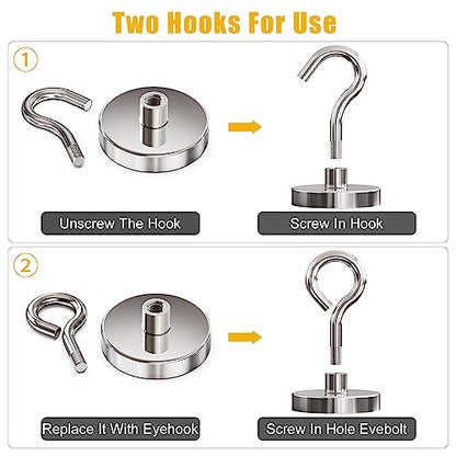 Neodymium Eyebolt & Magnet Hook Set, 200lbs Pulling Force Strong Fishing Magnets 1.65 Inch with Countersunk Hole Eyebolt for Fishing, Workplace, Home (Silver, Pack 4) - size: 4 Pack