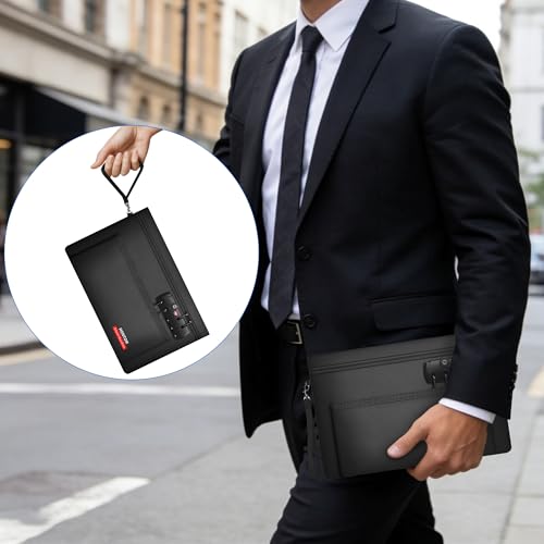 Hontom Double Layer Fireproof Money Bag for Cash with Lock & Hidden Zipper - color: Black