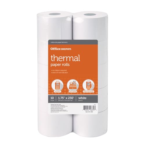 Office Depot Adding Machine Thermal Paper Rolls, 1 3/4in. x 230ft., White, Pack Of 10 Rolls, 554085