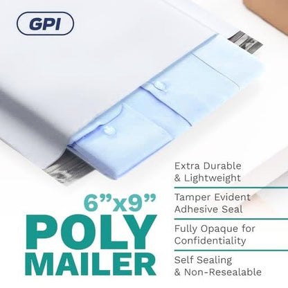 6" x 9" Poly Mailer Envelopes - 200 Count, Self Seal White Plastic Mailing Bags with Adhesive Strip, 2.5 Mil Thick, Waterprrof & Tear/Puncture Proof Unpadded Shipping Mailers - GPI - size: 6" x 9"
