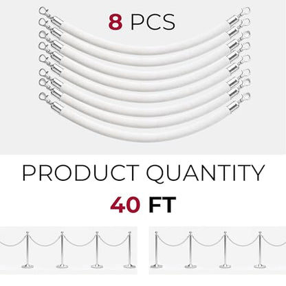 8PCS White Velvet Rope 5FT – Soft Velvet Ropes with Silver Snap Ends Stanchion Set for VIP Rope Barrier Event Crowd Control - color: 8 White + Silver