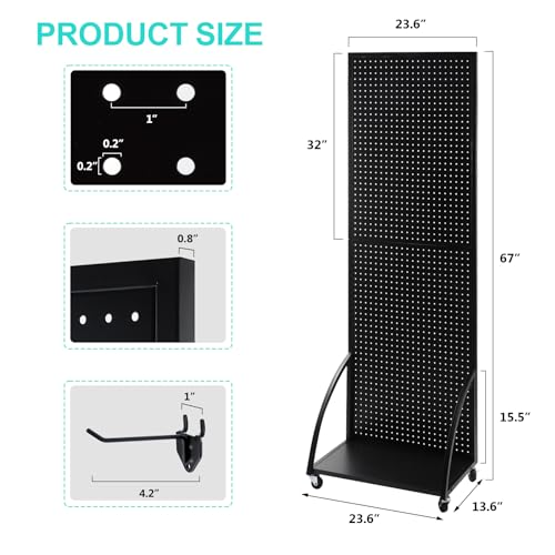 NectaCol 2'x 6' Metal Pegboard Display Stand with a Plate, Peg Board Panels, Standing Pegboard Display, Craft Fair Display Rack, Art Display Stand, Extra 10 pieces Hooks-Black - color: 1 Pack Black