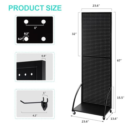 NectaCol 2'x 6' Metal Pegboard Display Stand with a Plate, Peg Board Panels, Standing Pegboard Display, Craft Fair Display Rack, Art Display Stand, Extra 10 pieces Hooks-Black - color: 1 Pack Black