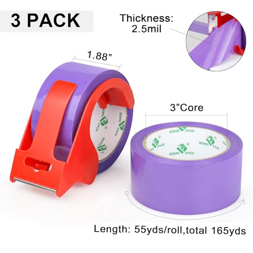 BOMEI PACK 3 Rolls Purple Heavy Duty Packing Tape with red Dispenser, Packaging Tape 1.88 Inches x 55Yards, 2.5mil Industrial Shipping Tape for Moving Shipping, Office & Storage - color: purple