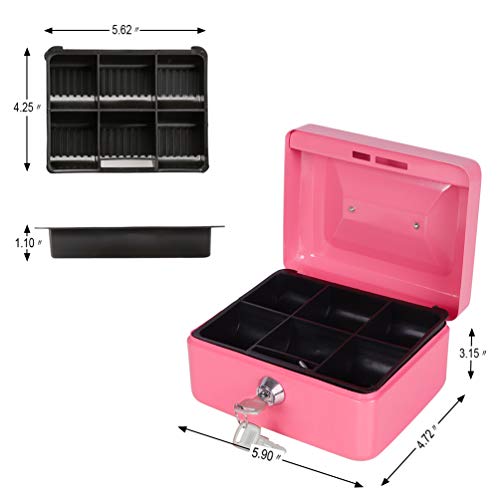 Cash Box with Money Tray, Parrency Small Money Box with Key Lock, 6" x 4 4/5" x 3", Pink - color: Pink, size: Small（5.9")