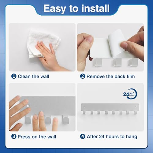 pickpiff Sliver Key Holder for Wall Adhesive, Key Hooks with 8 Hooks, No Drill for Living Room, Kitchen, Office - color: Sliver