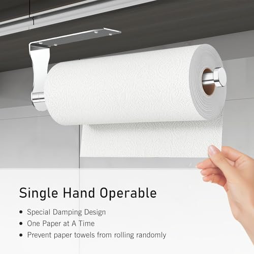 SetSail Paper Towel Holder, Single Hand Operable Paper Towel Holder Under Cabinet with Adjustable Damper Easy Tear Wall Mount Self-Adhesive or Drilled for Kitchen Bathroom, Mirror Silver - color: Bright Silver