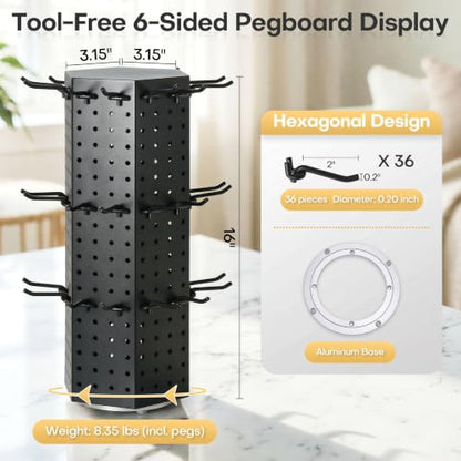 Rotating Pegboard Display Stand, 6-Sided, No Assembly Metal Spinning Display with 36 Hooks – 16" H Heavy Duty Keychain & Jewelry Organizer for Retail, Craft Shows & Vendors (Black)