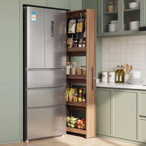 Pull Out Pantry Storage Cart Next to Fridge, Rolling Utility Cart on Wheels - color: Brown&black