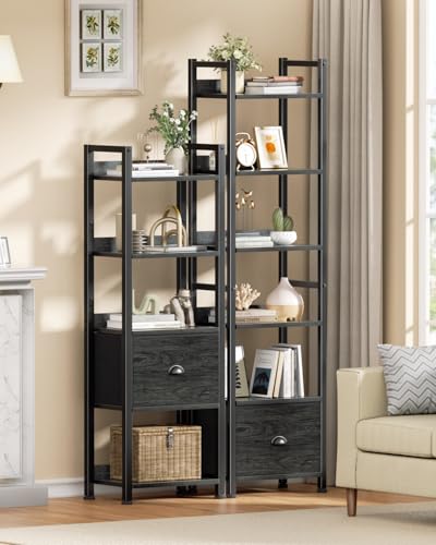 Furologee 6 Tier Bookshelf with Drawer, Tall Narrow Bookcase, Black Oak - color: Black Oak, size: 6 Tier