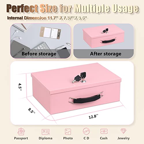 xydled Fireproof Document Box with Key Lock, Fire Safe Box, Pink - color: Pink, size: Large