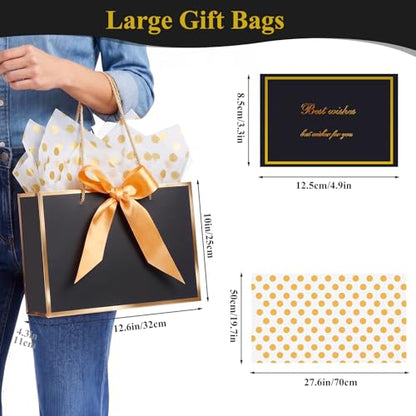 Mifferer Large Gift Bag, 1 Pcs Paper Gift Bag for Presents with 2 Wrappers and 1 Card, Gift Wrapping Bag with Handles for Women Men Birthday Wedding Party, 32 * 25 * 11 cm - color: Black with Gold Frame
