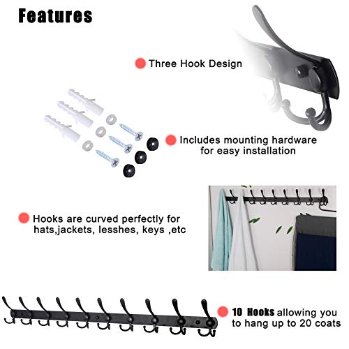 Dseap Coat Rack Wall Mount - 38” Long 10-Tri-Hooks Heavy Duty Coat Hanger Rail Wall Hooks for Hanging Coats Hats Clothing Clothes Purse Mudroom Entryway, Black - color: Black, size: L=38” (1 Pcs)