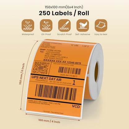 Orange Thermal Labels 4 × 6 Inch Waterproof Vinyl Stickers 250 PCS - color: Orange