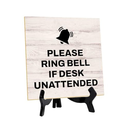 Please Ring Bell If Desk Unattended 5"x 5" Square Table Sign With Acrylic Easel | General Office Notices & Business Table Signs - color: Please Ring Bell