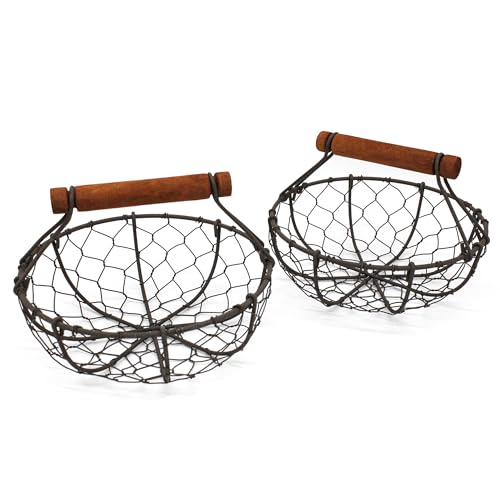 CVHOMEDECO. Chicken Wire Egg Baskets Rust Gathering Baskets with Wooden Handle Country Vintage Style Storage Baskets. Set of 2 (Round) - size: Round