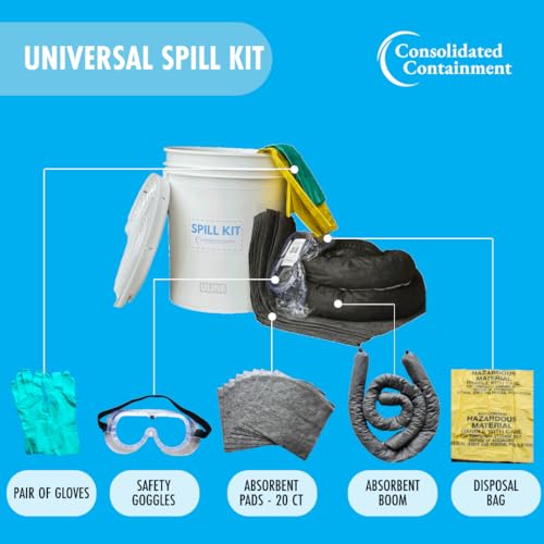 Universal Spill Kit – OSHA Compliant Solution for Vehicles, Industrial, Commercial, & Restaurant Use, Emergency Response Chemical, Water, & Bodily Fluid Cleanup - 5 Gallons
