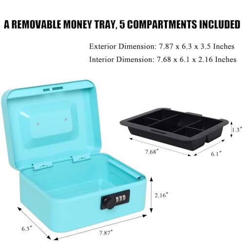 Jssmst Medium Cash Box with Combination Lock - Durable Metal Cash Box with Money Tray,light blue,7.87 x 6.3 x 3.35 inches - color: Light blue, size: Medium