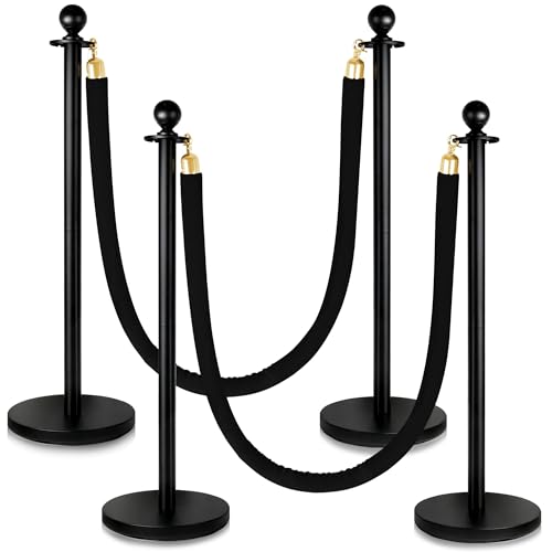 4 Pack Stanchions Post with Velvet Rope, Metal Posts with Weighted Base, Heavy Duty Crowd Control Barriers & Poles for Red Carpet, Movie Theater, Event, Party Supplies, Black - color: Metal-Black (Upgraded)