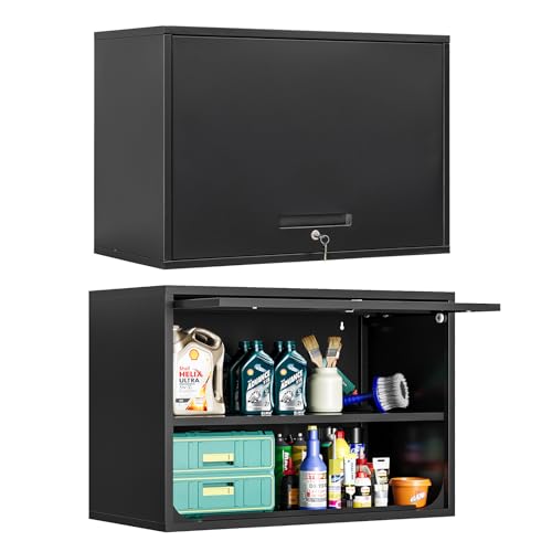 MIIIKO Wall Cabinet with Door and Shelf, Wall Mounted Garage Tool Cabinets, Locking Metal Floating Cabinet for Garage, Home Office, Outdoor Furniture Parts,Kitchen and Pantry - color: Black, size: 16"D x 32"W x 22"H