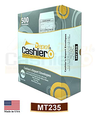 500 Cashier Depot - Cashier’s Report Envelopes MT235 – 4 1/2" x 10 3/8", White 24lb Paper, Cash Deposit Report, Money Envelopes for Retail, Restaurants, Hotels, Small Business, Gum Flap, 500 Count